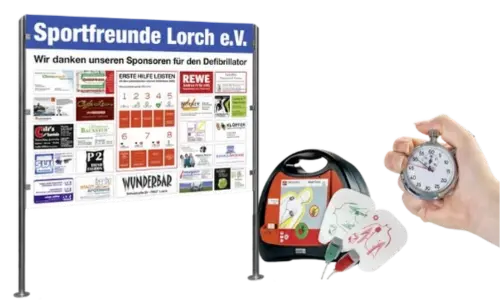 Eine Sponsorentafel + erste Hilfe Defibrillator Set